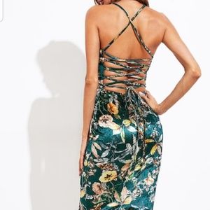 Lace Up Back Slit Floral Velvet Cami Dress. NEW